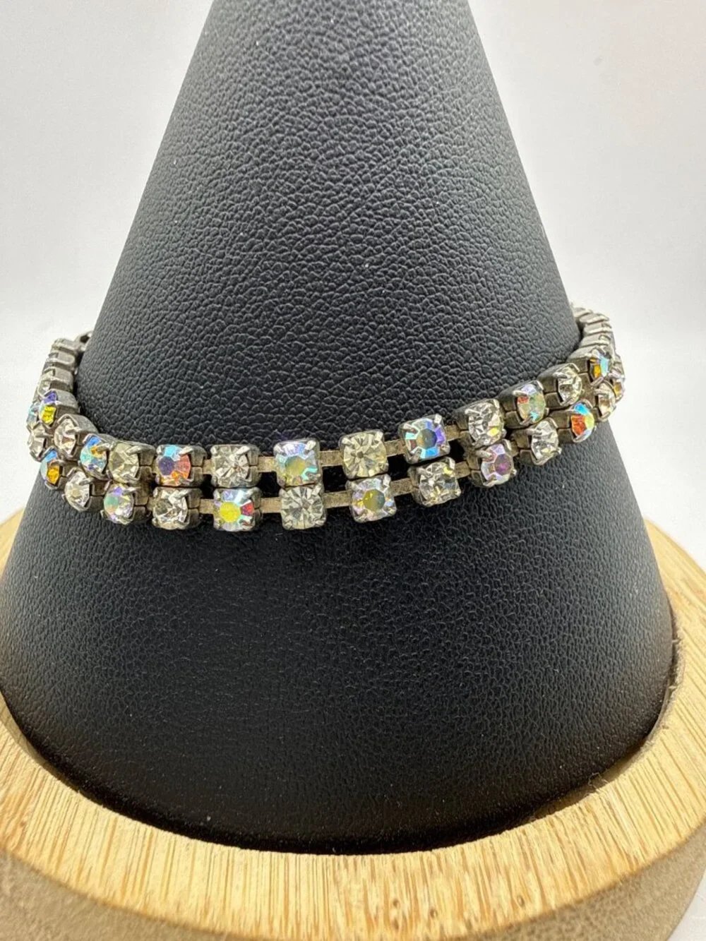 Vintage 50s Aurora Borealis Rhinestone Tennis Bracelet 2 Row Silver Tone